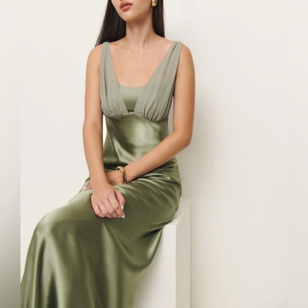 Reformation Silk Lune Dress in color artichoke